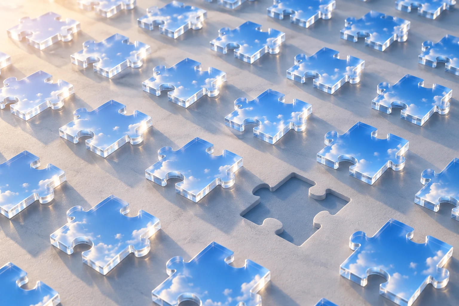 A grid of identical glass puzzle pieces, with one piece missing