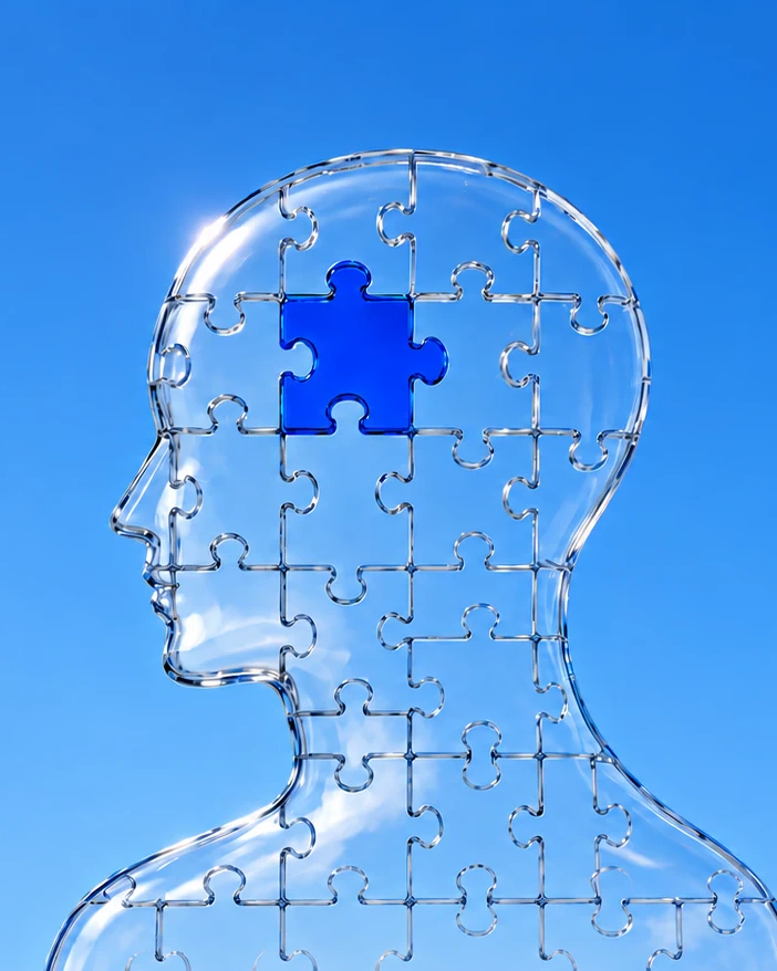 A glass head in profile made of puzzle pieces, with one blue piece in place